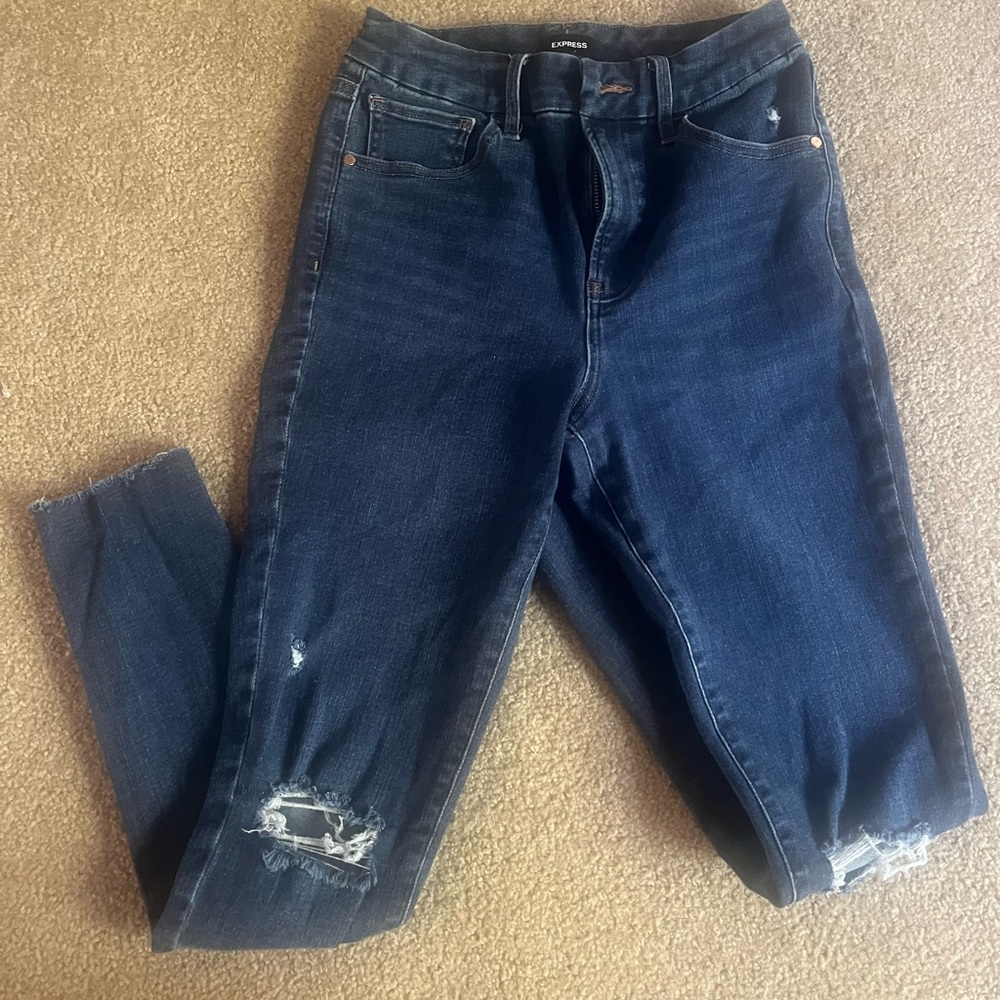 Express Blue Ankle Cropped Jeans with Distressed Details